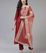 Indo Era Maroon Embroidered Straight Kurta Trouser With Dupatta Set
