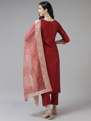 Indo Era Maroon Embroidered Straight Kurta Trouser With Dupatta Set 2