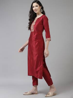 Indo Era Maroon Embroidered Straight Kurta Trouser With Dupatta Set 3