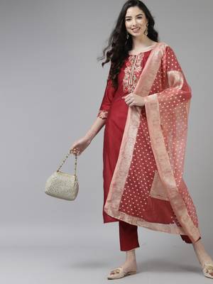 Indo Era Maroon Embroidered Straight Kurta Trouser With Dupatta Set 4