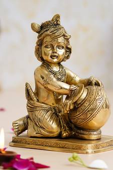 eCraftIndia Golden Bal Gopal Krishna having Makhan Brass Statue