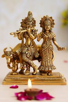 eCraftIndia Golden Radha Krishna with Cow Brass Statue