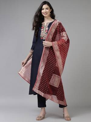 Indo Era Navy Blue Embroidered Straight Kurta Trouser With Dupatta Set 1