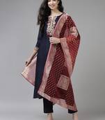 Indo Era Navy Blue Embroidered Straight Kurta Trouser With Dupatta Set