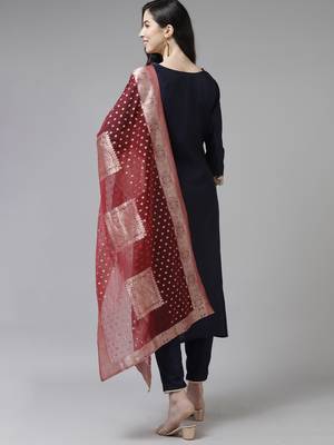 Indo Era Navy Blue Embroidered Straight Kurta Trouser With Dupatta Set 2
