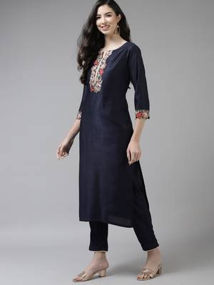 Indo Era Navy Blue Embroidered Straight Kurta Trouser With Dupatta Set 3