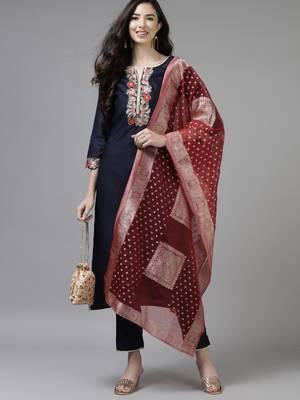 Indo Era Navy Blue Embroidered Straight Kurta Trouser With Dupatta Set 4