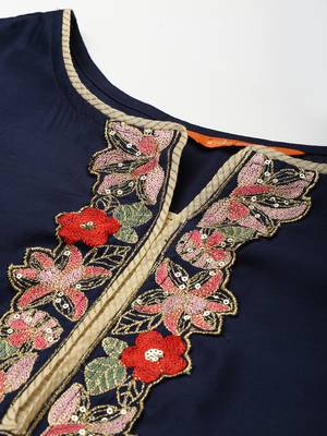 Indo Era Navy Blue Embroidered Straight Kurta Trouser With Dupatta Set 5