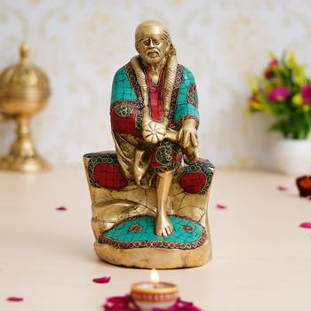 eCraftIndia Colorful Sai Baba Handcrafted Brass Idol with Stone Work 2