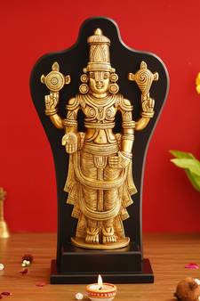 eCraftIndia Decorative Lord Balaji Brass Handcrafted Statue on Wooden Base