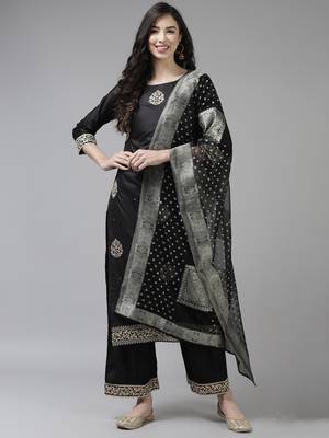 Indo Era Black Floral Embroidered Straight Kurta Palazzo Dupatta Set 1