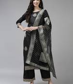 Indo Era Black Floral Embroidered Straight Kurta Palazzo Dupatta Set