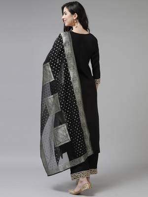 Indo Era Black Floral Embroidered Straight Kurta Palazzo Dupatta Set 2