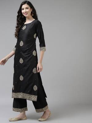Indo Era Black Floral Embroidered Straight Kurta Palazzo Dupatta Set 3