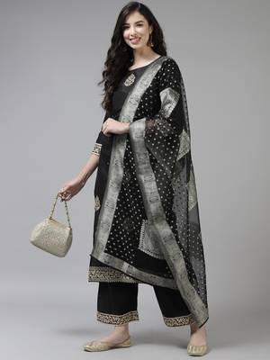 Indo Era Black Floral Embroidered Straight Kurta Palazzo Dupatta Set 4