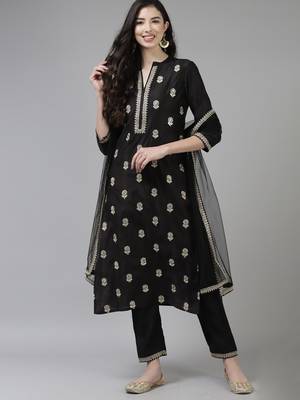 Indo Era Black Embroidered Straight Kurta Trouser With Dupatta Set 1