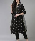 Indo Era Black Embroidered Straight Kurta Trouser With Dupatta Set