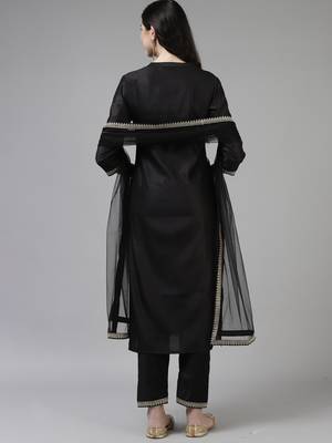 Indo Era Black Embroidered Straight Kurta Trouser With Dupatta Set 2