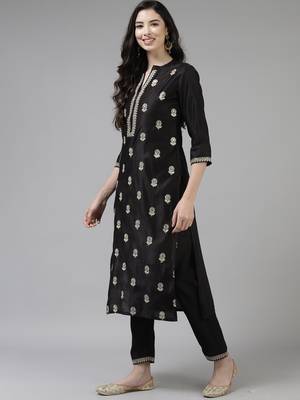 Indo Era Black Embroidered Straight Kurta Trouser With Dupatta Set 3