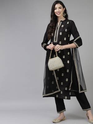 Indo Era Black Embroidered Straight Kurta Trouser With Dupatta Set 4