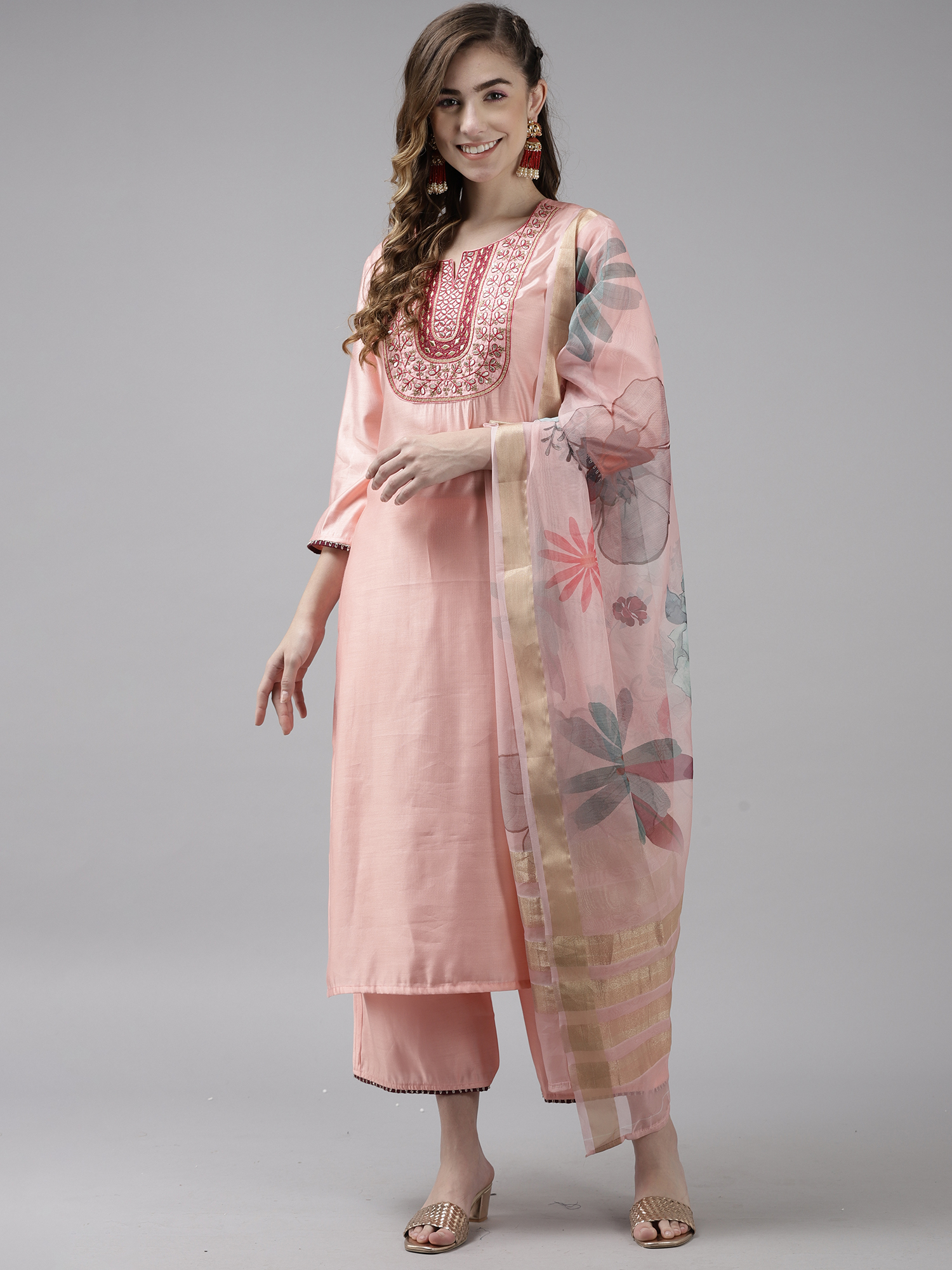 Indo Era Baby Pink Embroidered Straight 