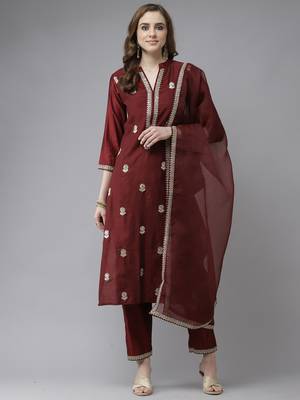 Indo Era Maroon Embroidered Straight Kurta Trouser With Dupatta Set 1