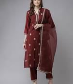 Indo Era Maroon Embroidered Straight Kurta Trouser With Dupatta Set