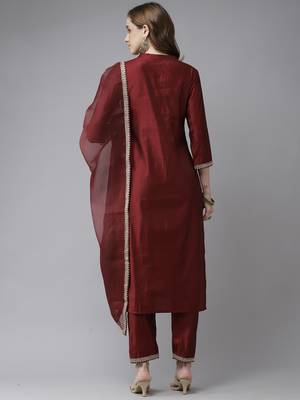 Indo Era Maroon Embroidered Straight Kurta Trouser With Dupatta Set 2