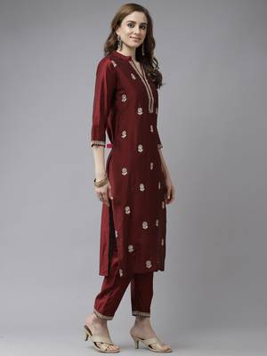 Indo Era Maroon Embroidered Straight Kurta Trouser With Dupatta Set 3