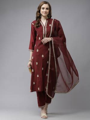 Indo Era Maroon Embroidered Straight Kurta Trouser With Dupatta Set 4