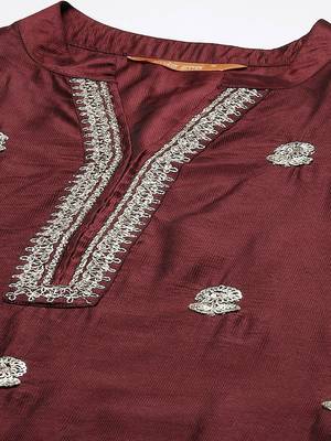 Indo Era Maroon Embroidered Straight Kurta Trouser With Dupatta Set 5