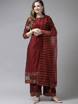 Indo Era Maroon Embroidered Straight Kurta Palazzo With Dupatta Set 1