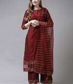 Indo Era Maroon Embroidered Straight Kurta Palazzo With Dupatta Set