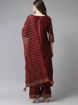 Indo Era Maroon Embroidered Straight Kurta Palazzo With Dupatta Set 2