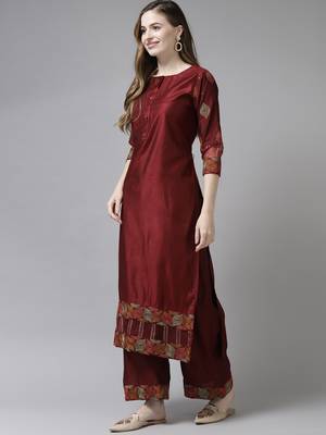Indo Era Maroon Embroidered Straight Kurta Palazzo With Dupatta Set 3