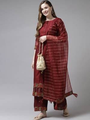 Indo Era Maroon Embroidered Straight Kurta Palazzo With Dupatta Set 4