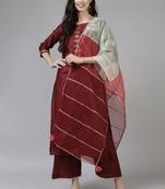 Indo Era Maroon Embroidered Straight Kurta Palazzo With Dupatta Set