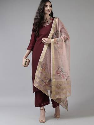 Indo Era Maroon Embroidered Straight Kurta Palazzo With Dupatta Set 1