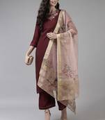 Indo Era Maroon Embroidered Straight Kurta Palazzo With Dupatta Set