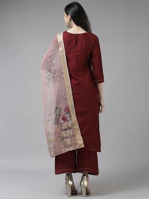 Indo Era Maroon Embroidered Straight Kurta Palazzo With Dupatta Set 2