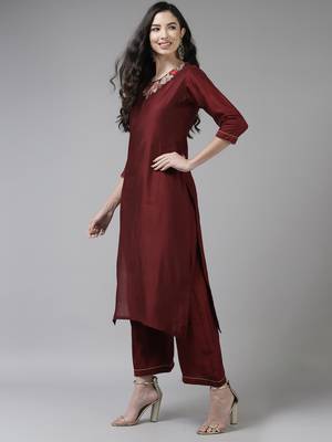 Indo Era Maroon Embroidered Straight Kurta Palazzo With Dupatta Set 3