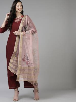 Indo Era Maroon Embroidered Straight Kurta Palazzo With Dupatta Set 4