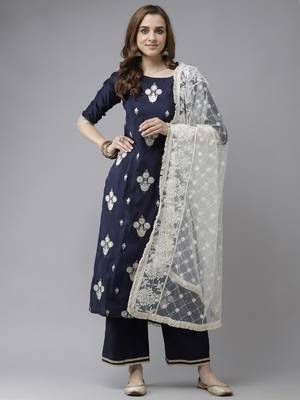 Indo Era Navy Blue Embroidered Straight Kurta Palazzo With Dupatta Set 1