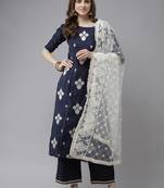 Indo Era Navy Blue Embroidered Straight Kurta Palazzo With Dupatta Set