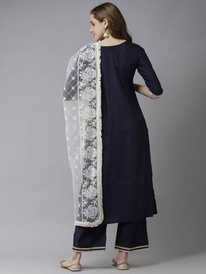 Indo Era Navy Blue Embroidered Straight Kurta Palazzo With Dupatta Set 2