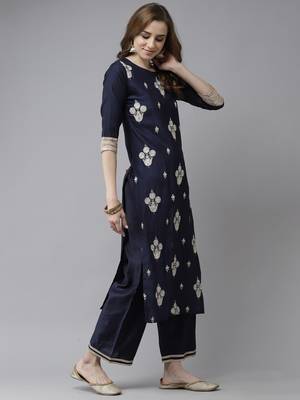 Indo Era Navy Blue Embroidered Straight Kurta Palazzo With Dupatta Set 3