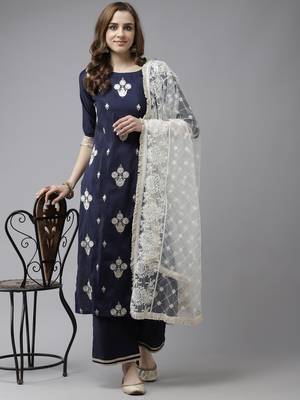 Indo Era Navy Blue Embroidered Straight Kurta Palazzo With Dupatta Set 4