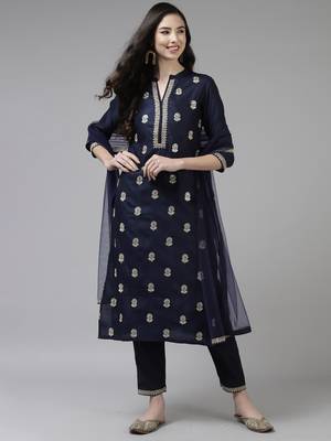 Indo Era Navy Blue Embroidered Straight Kurta Trouser With Dupatta Set 1