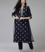 Indo Era Navy Blue Embroidered Straight Kurta Trouser With Dupatta Set