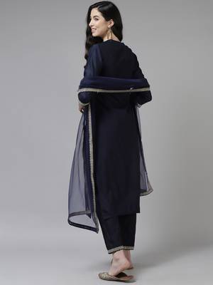 Indo Era Navy Blue Embroidered Straight Kurta Trouser With Dupatta Set 2